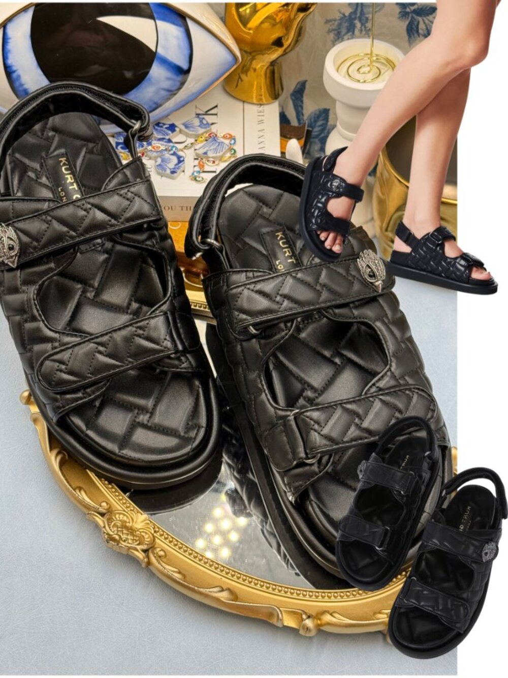 🆕 KURT GEIGER LONDON 🧿 NWOB Orson Black EagleHead Quilted Sandal Sz EU40 US 9